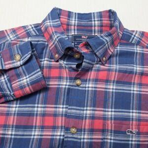 Vineyard Vines Shirt Mens Large Blue Red Plaid Flannel Classic Fit Tucker Whale